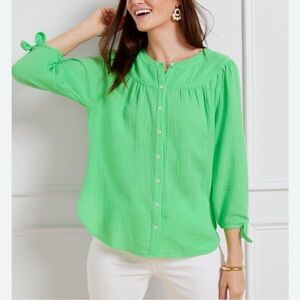 Talbots Womens  Airy Gauze Tie Sleeve Top Size XLP Gauzy Kelly Green Lightweight
